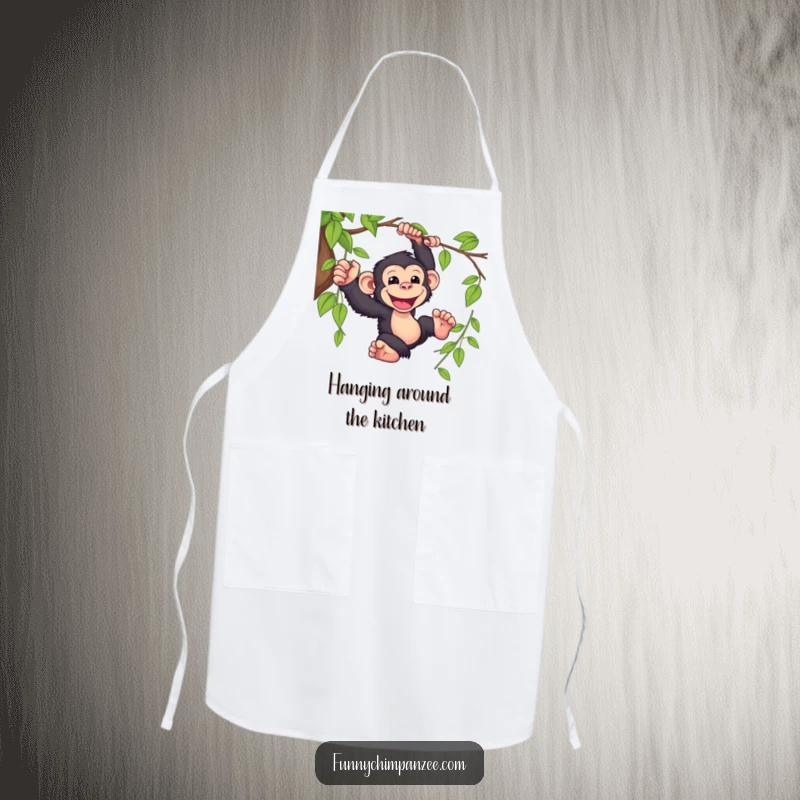 Funny Kawaii chimpanzee swinging from a vine on a kitchen apron, its grinning face adding a playful and messy jungle spirit to cooking.