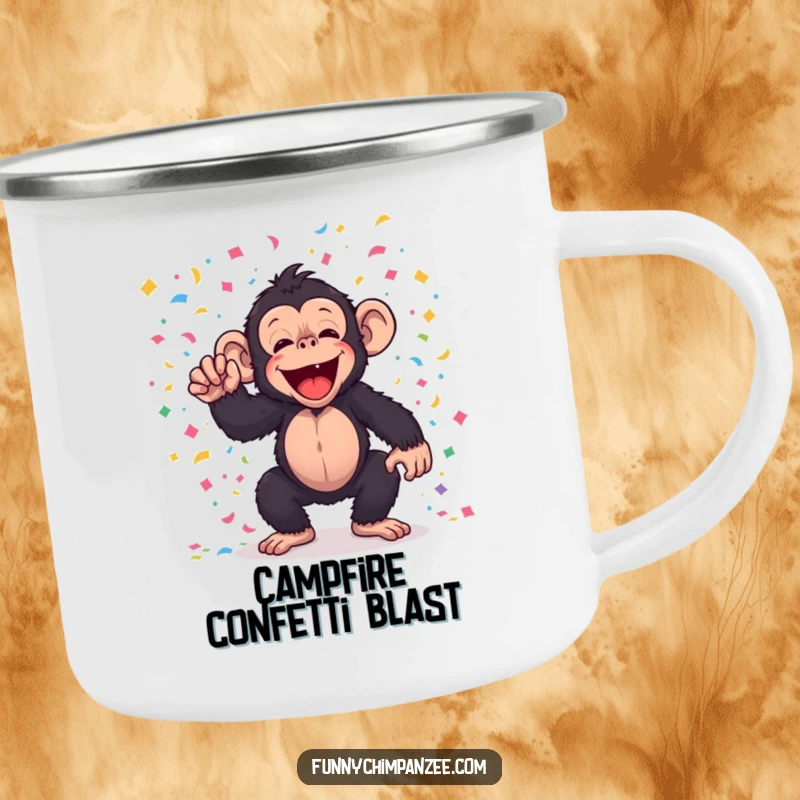 Funny kawaii chimpanzee tossing confetti on a durable camping mug, for humorous outdoor celebration.