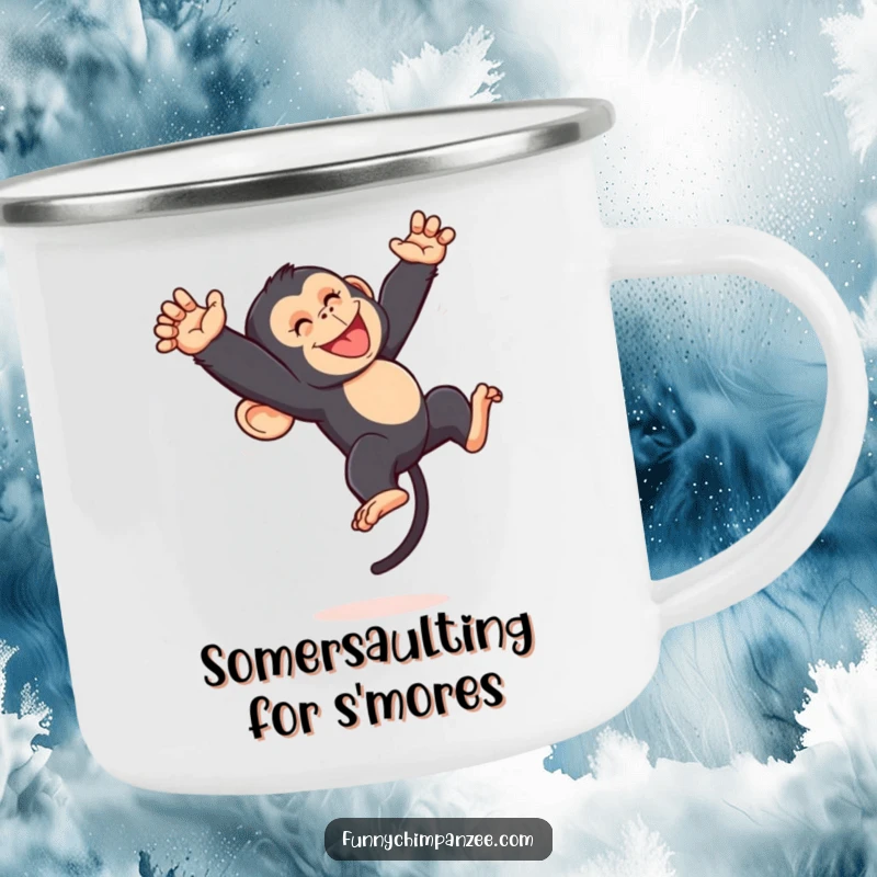 Funny Kawaii chimpanzee mid-somersault on a durable camping mug, radiating playful energy and jungle spirit for outdoor enjoyment.