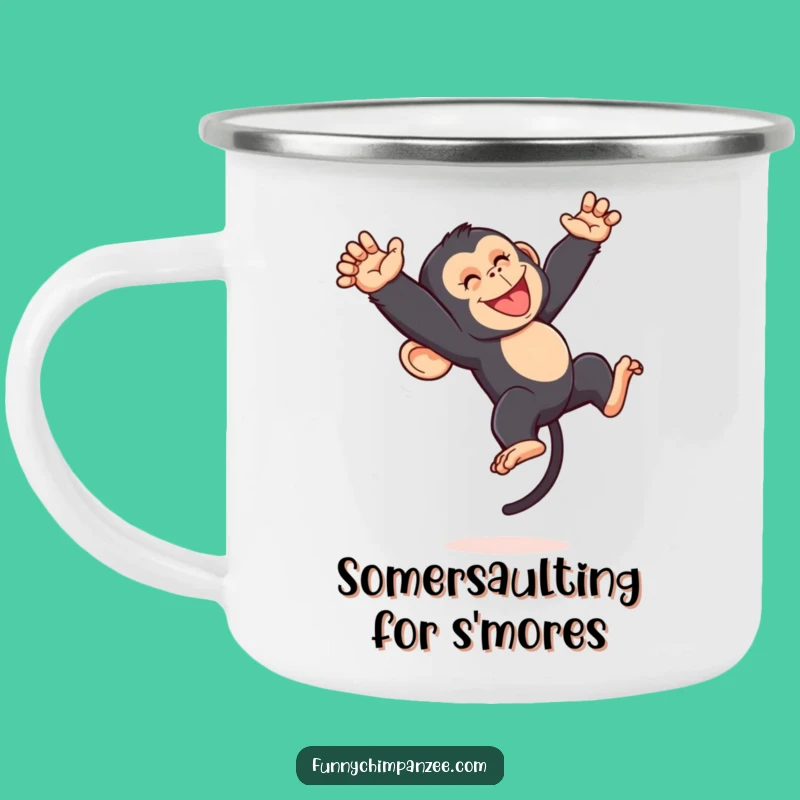 Funny Kawaii Chimpanzee Camping Mug: Dynamic Somersault Adventure Gift