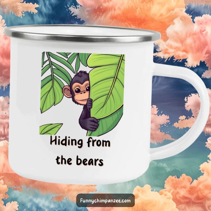 Funny Kawaii chimpanzee peeking from behind a large jungle leaf on a camping mug, adding a playful and curious jungle vibe outdoors.