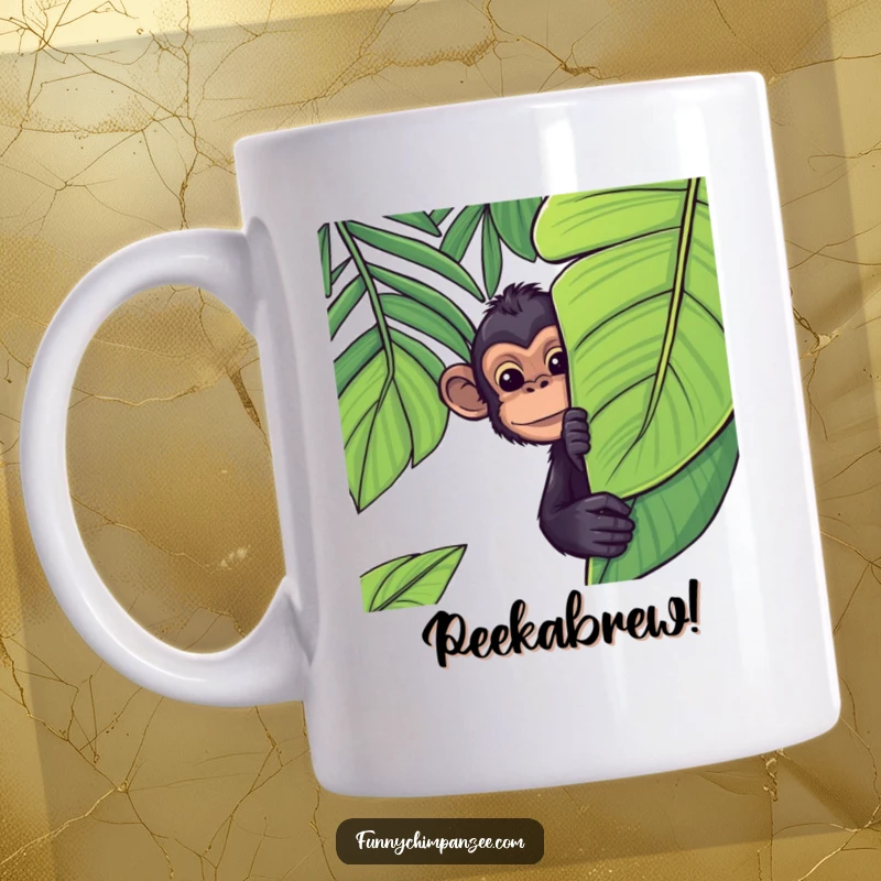 Funny Kawaii chimpanzee playfully peeking from behind a giant, lush jungle leaf, its shy grin inviting a giggle on a mug.