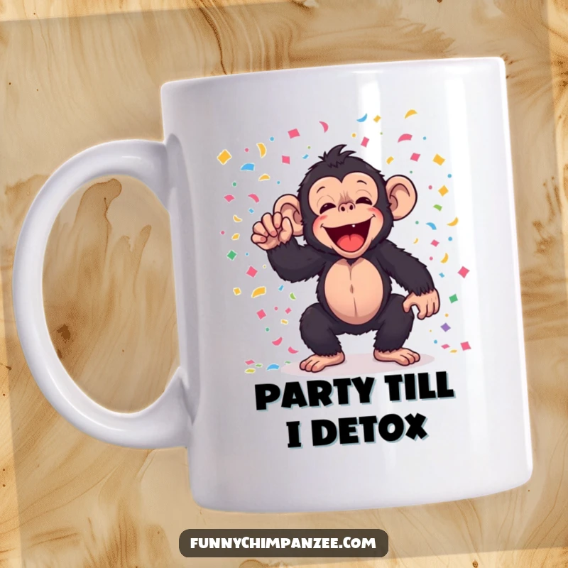 Funny kawaii chimpanzee joyfully tossing colorful confetti, featured on a mug for festive and humorous celebrations.