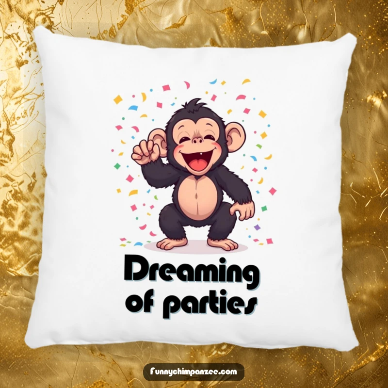 Funny kawaii chimpanzee tossing confetti on a pillow, for humorous and festive decor.
