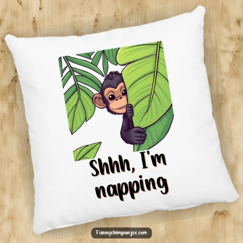 Funny Kawaii chimpanzee peeking from behind a large jungle leaf on a soft pillow, its shy grin adding a whimsical touch.