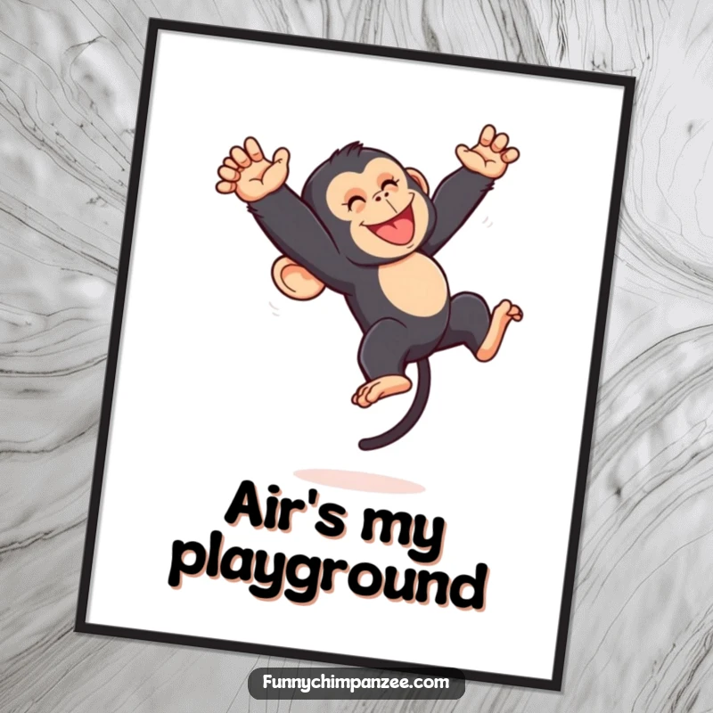 Funny Kawaii chimpanzee performing a lively, energetic somersault mid-air with a wide, joyful grin on a digital art print.