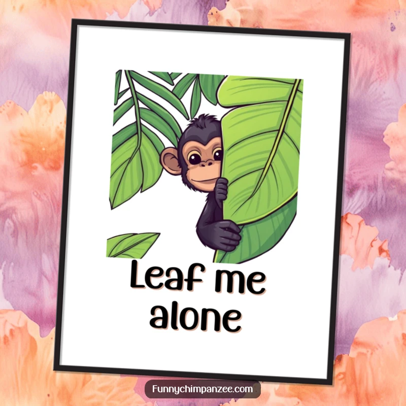 Funny Kawaii chimpanzee playfully peeking from behind a large, vibrant jungle leaf on a digital art print, its shy grin inviting smiles.