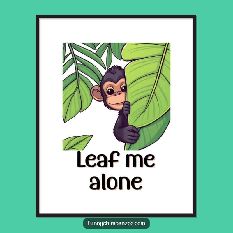 Funny Kawaii Chimpanzee Digital Art: Shy Jungle Leaf Peek Print Gift
