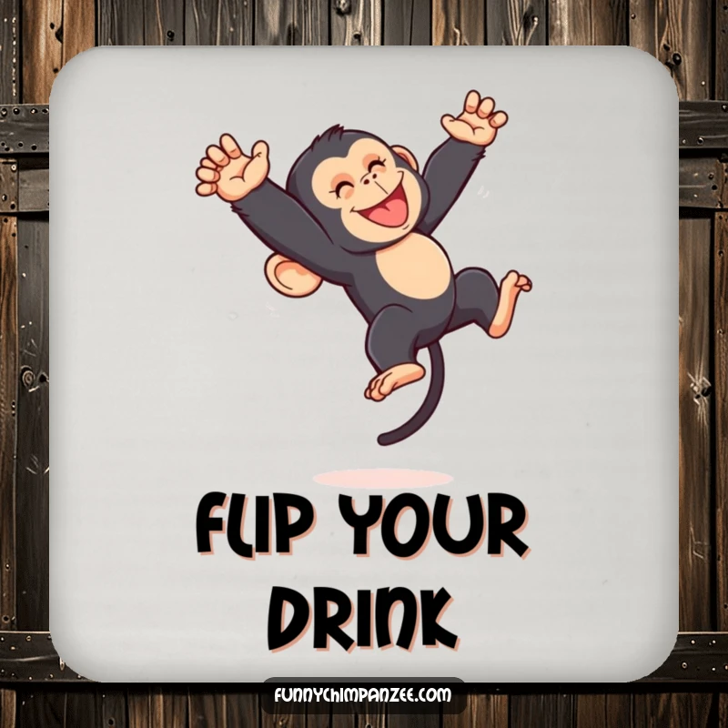 Funny Kawaii chimpanzee mid-somersault on a drink coaster, its energetic pose protecting surfaces with playful jungle-themed humor.