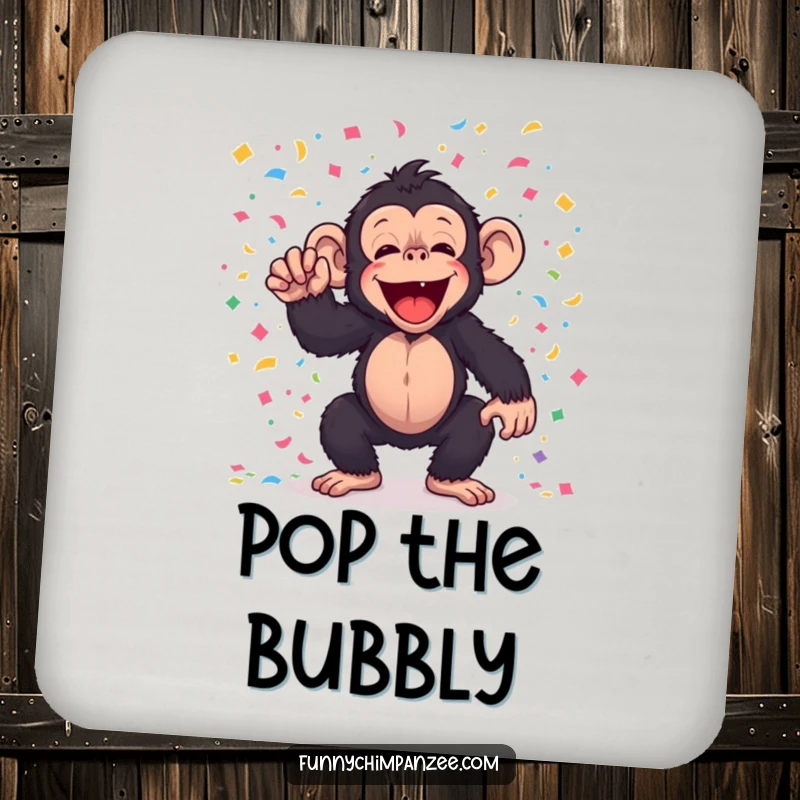 Funny kawaii chimpanzee tossing confetti on drink coasters, for humorous and festive surface protection.