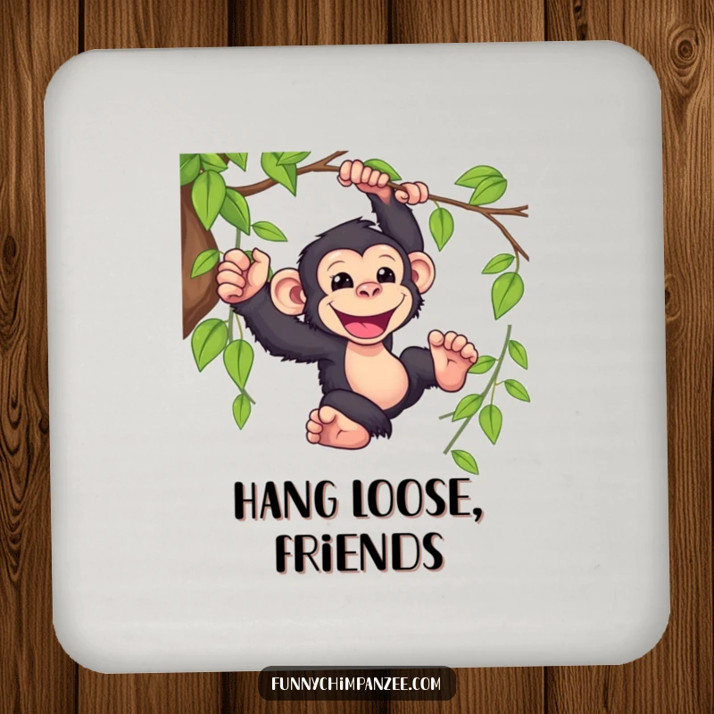 Funny Kawaii chimpanzee swinging with abandon and a wide grin on a drink coaster, protecting surfaces with jungle-themed humor.