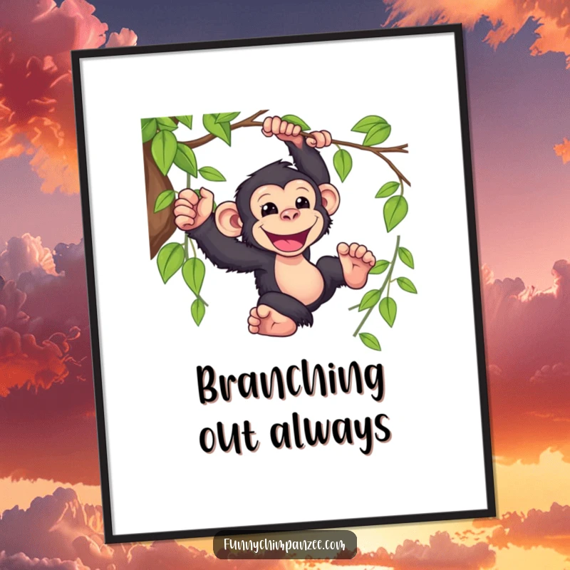 Funny Kawaii chimpanzee in full swing from a leafy vine, its wide grin capturing a moment of pure, hilarious jungle freedom on a poster.