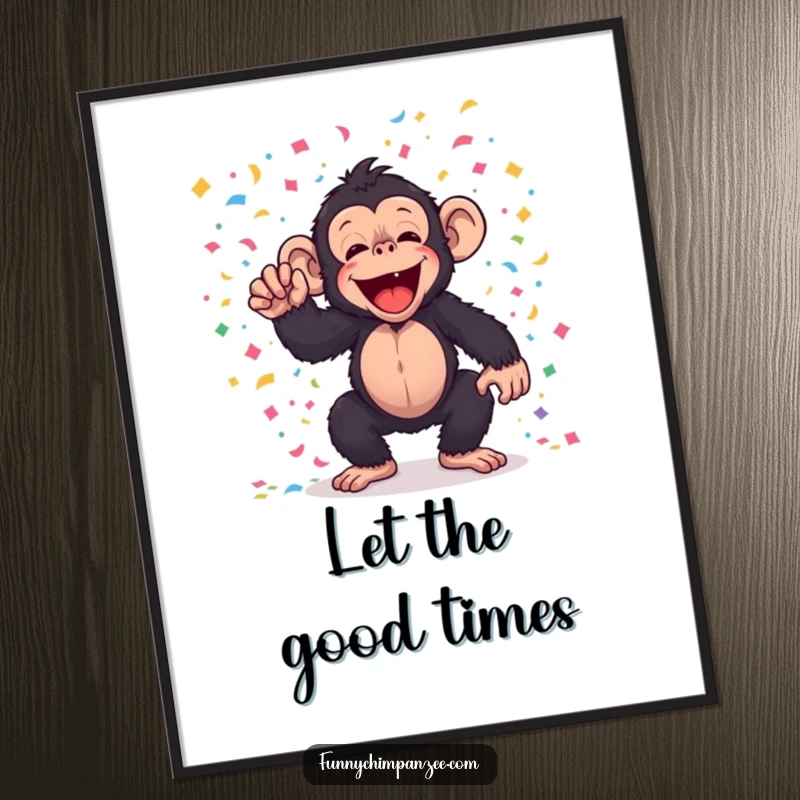 Funny kawaii chimpanzee joyfully tossing colorful confetti, presented as humorous wall art for festive decor.