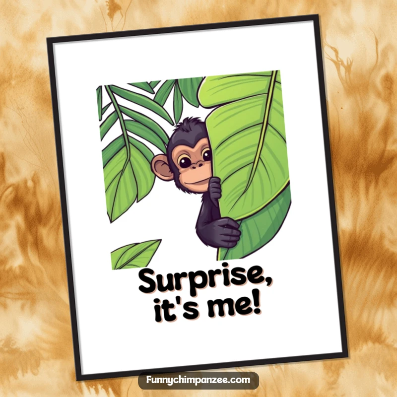 Funny Kawaii chimpanzee peeking from behind a lush green jungle leaf on a poster, its shy yet happy expression sparking joy.