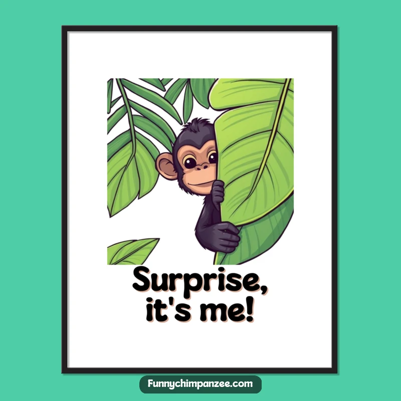 Funny Kawaii Chimpanzee Poster: Charming Jungle Leaf Peek Wall Art Gift