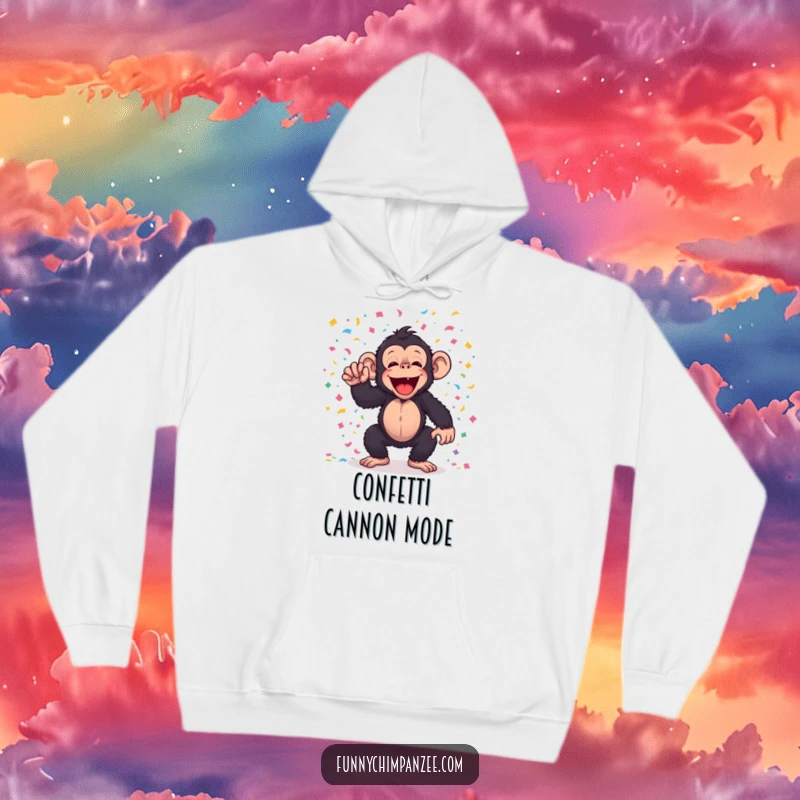 Funny kawaii chimpanzee joyfully tossing colorful confetti, featured on a cozy hoodie for festive and humorous warmth.