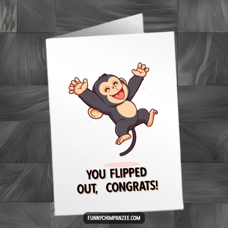 Funny Free Printable Congrats Card: An energetic kawaii chimpanzee captured mid-somersault, celebrating success with glee.