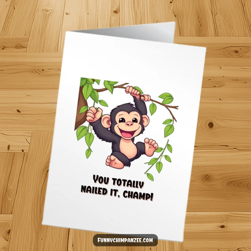 Funny Free Printable Congrats Card: Adorable kawaii chimpanzee captured mid-swing on a vine, beaming with pride.
