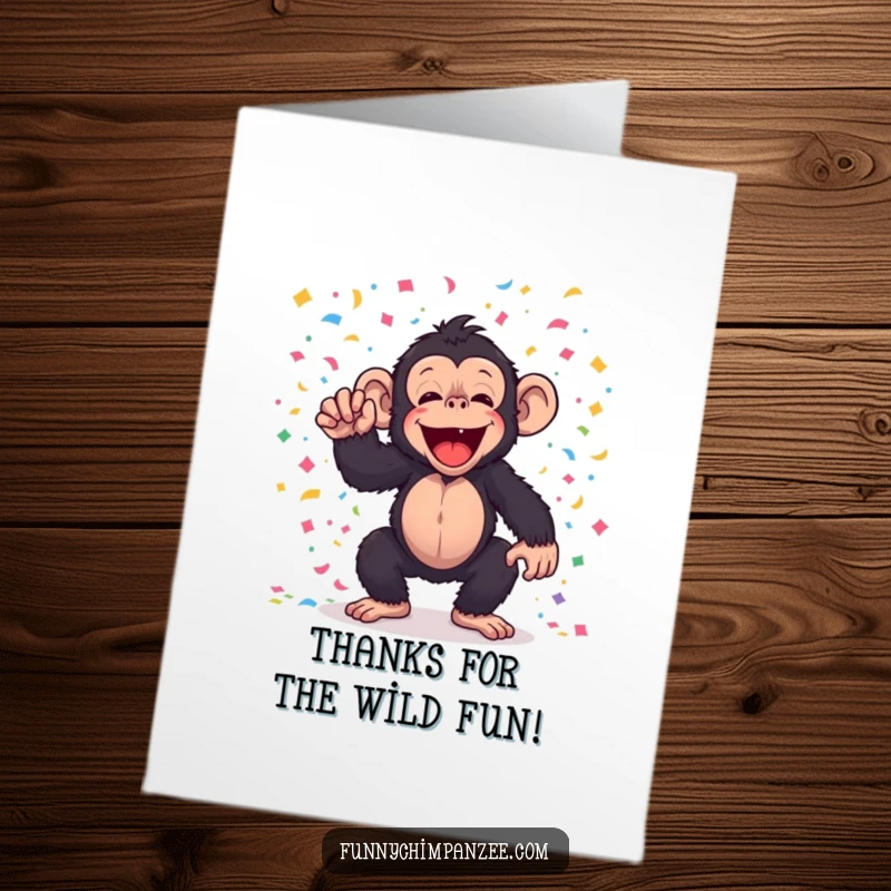 Funny Free Printable Thank You Card: Kawaii chimpanzee joyfully tosses colorful confetti, celebrating gratitude.