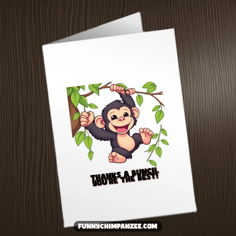 Funny Free Printable Thank You Card: A cheerful kawaii chimpanzee energetically swinging from a lush vine, showing appreciation.