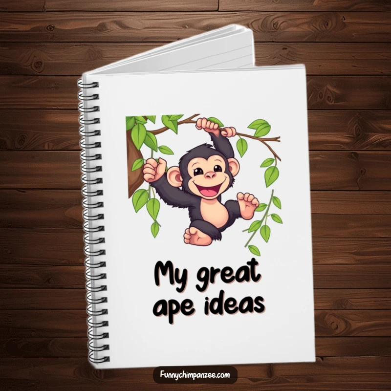 Funny Kawaii chimpanzee mid-swing with a huge grin on a notebook cover, perfect for jotting down jungle adventures and funny thoughts.