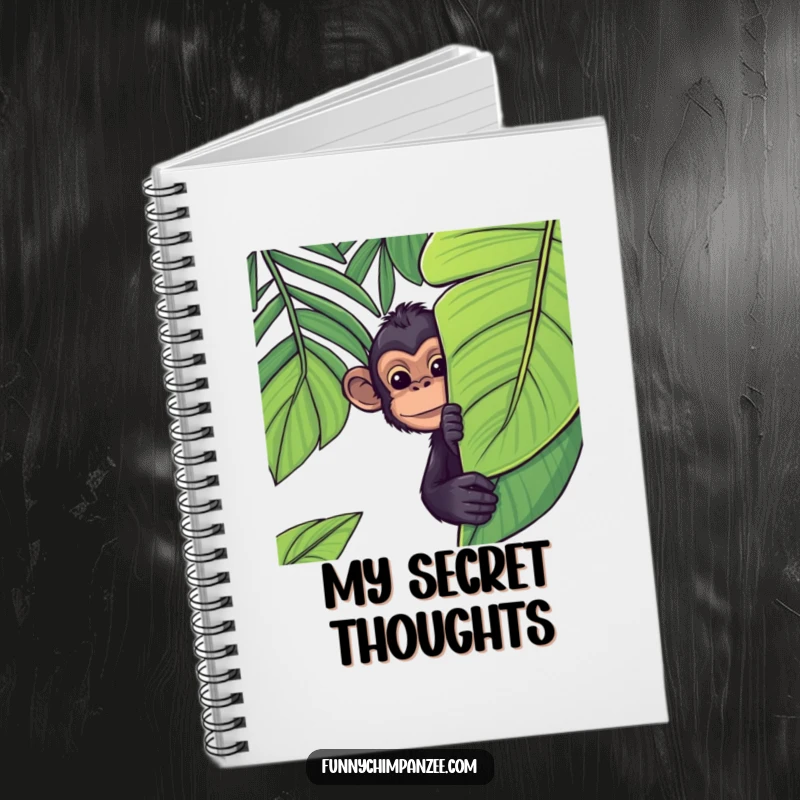 Funny Kawaii chimpanzee peeking from behind a large, lush jungle leaf on a notebook cover, inviting creative thoughts and playful secrets.