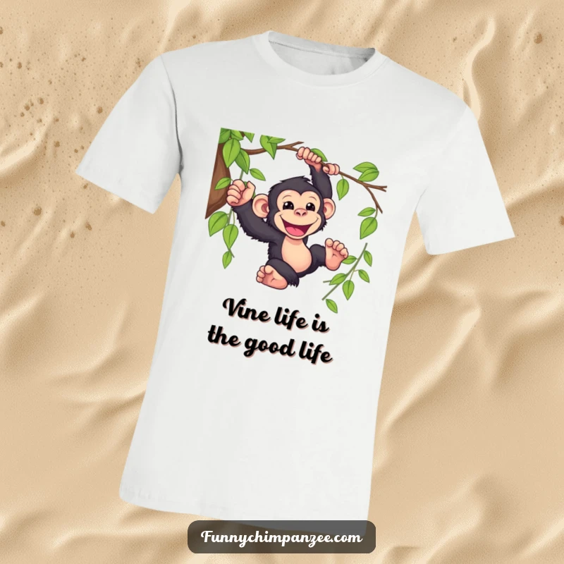 Funny Kawaii chimpanzee captured swinging from a leafy vine with an infectious wide grin, embodying playful jungle energy on a t-shirt.