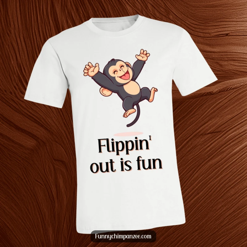 Funny Kawaii chimpanzee caught mid-somersault with a wide grin, radiating playful, acrobatic energy on a dynamic t-shirt.