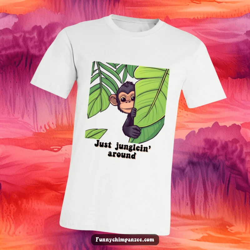 Funny Kawaii chimpanzee hiding behind a large, vibrant jungle leaf on a t-shirt, its shy grin hinting at mischievous fun.