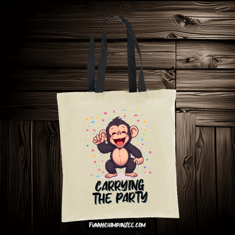 Funny kawaii chimpanzee joyfully tossing confetti on a tote bag, embodying festive fun and humorous spirit.