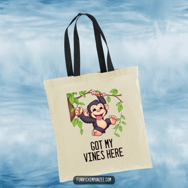 Funny Kawaii chimpanzee depicted swinging wildly from a vine, its grin a symbol of pure jungle joy, adorning a durable tote bag.